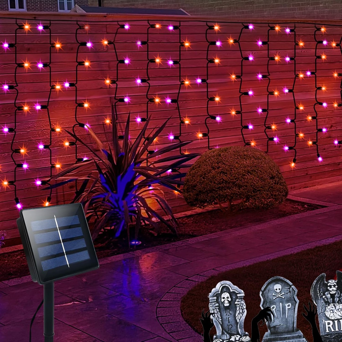 DBFAIRY Purple Orange Solar Halloween Curtain Lights - 300 LED Extra Long & Waterproof