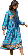 Womens Cotton Blend Bohemian Midi Dress - Flowy V-Neck Tassel