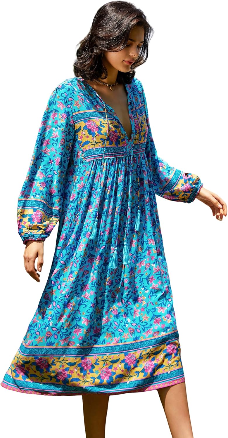 R.Vivimos Women's Long Sleeve Floral Print Bohemian Midi Dress