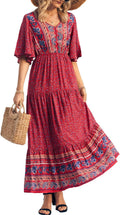 Boho Floral Maxi Dress V Neck Short Sleeve - Flowy Summer Sundress