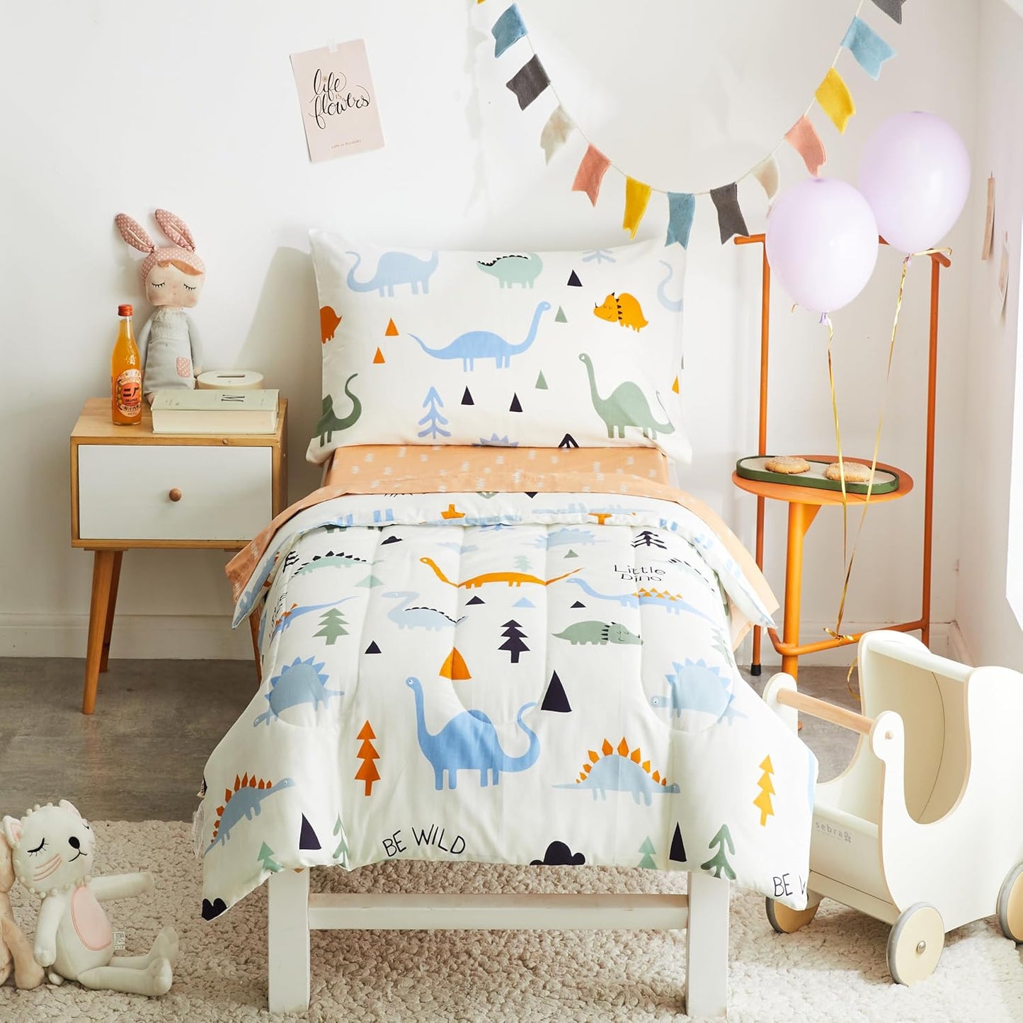 Joyreap 4 Piece Cotton Toddler Bedding Set with Dinosaur Theme