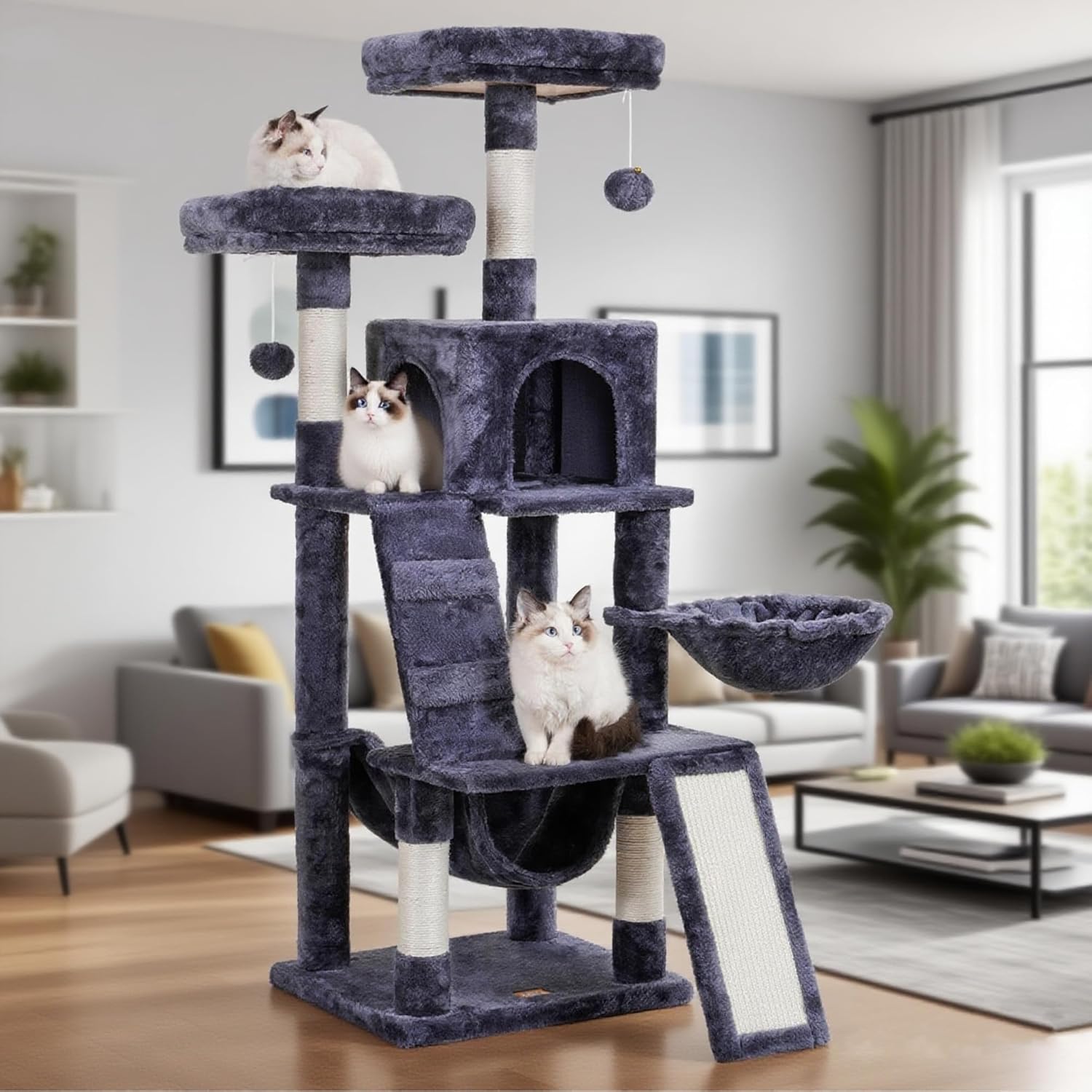 Heybly Cat Tree for Indoor Cats with Cozy Basket and Scratching Board