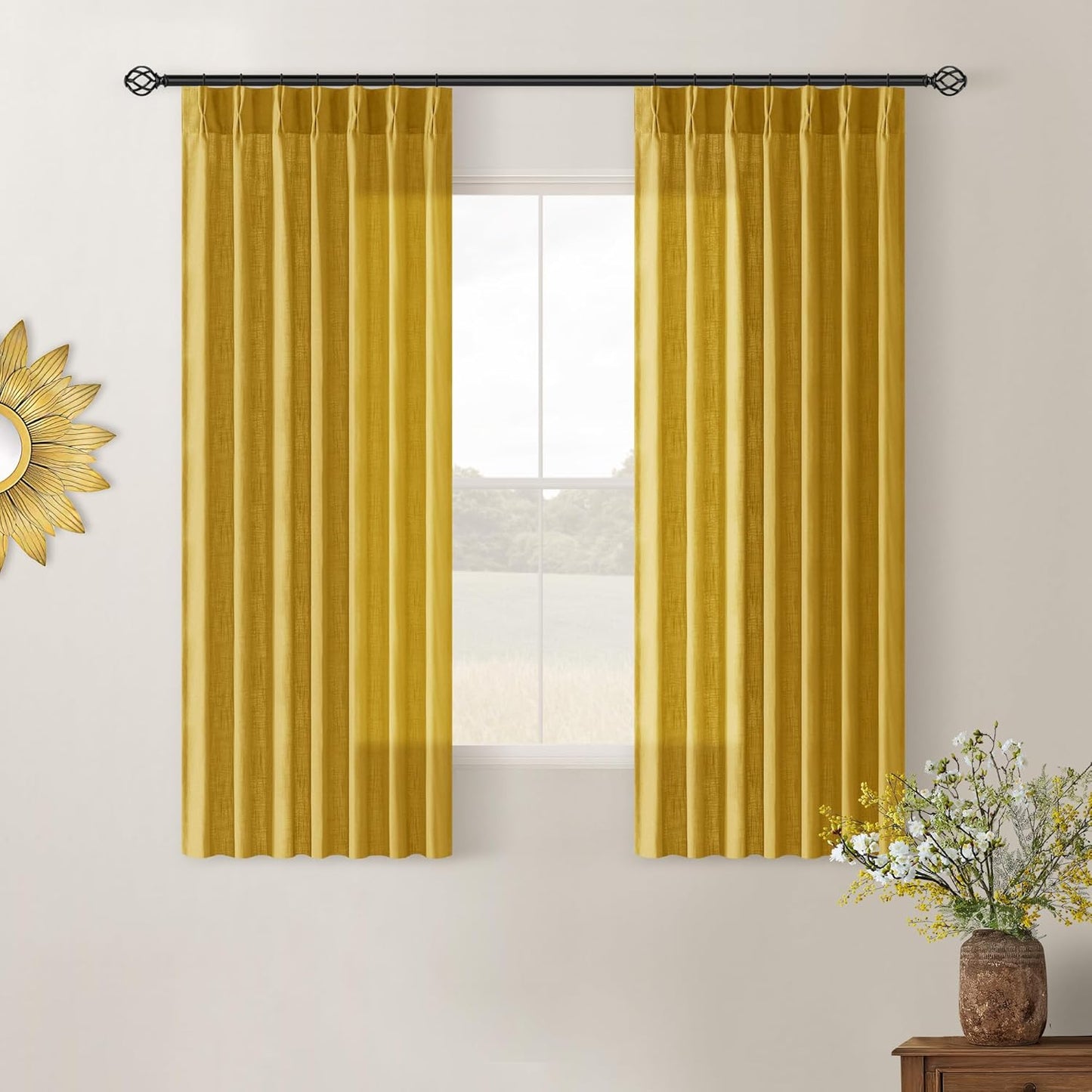 Mustard Yellow Pinch Pleated Linen Curtains for Small Windows