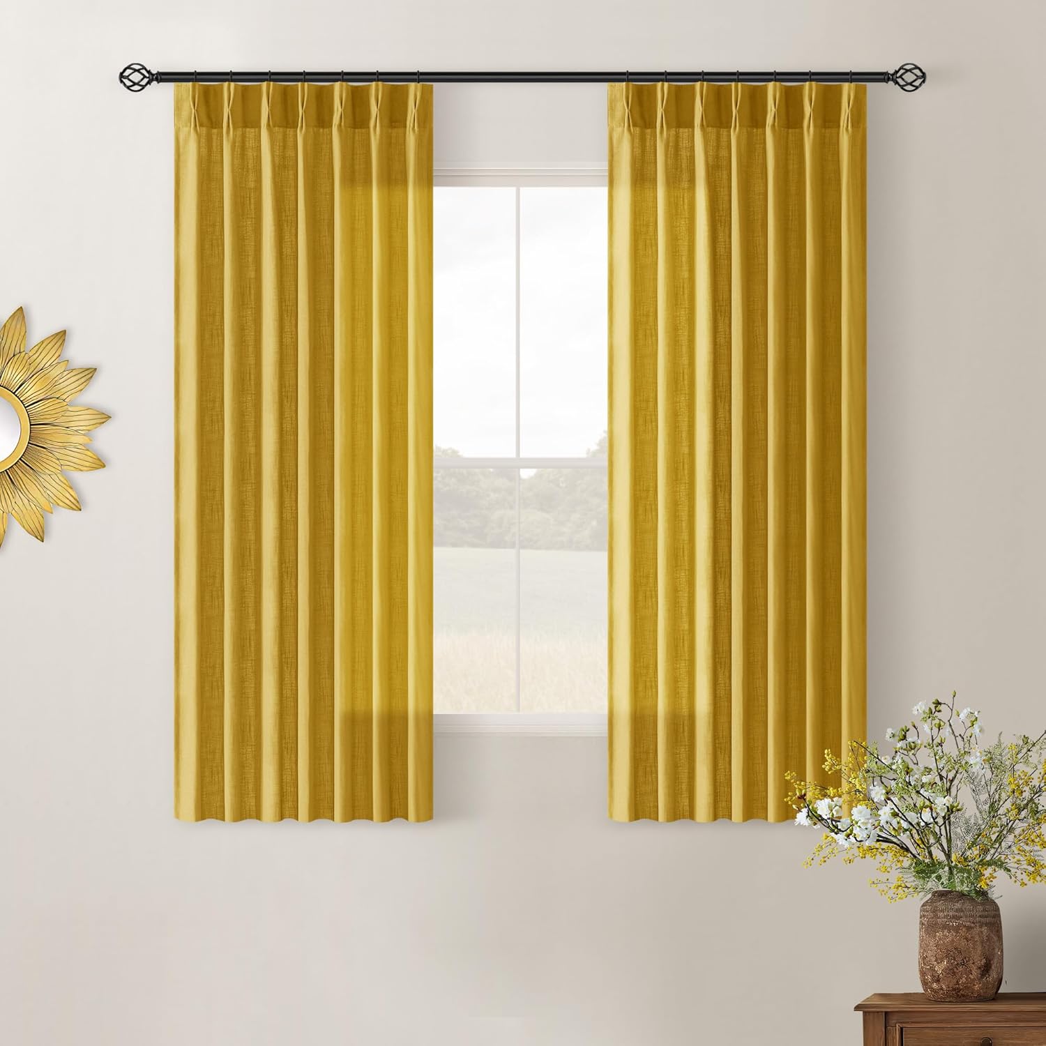 Mustard Yellow Pinch Pleated Linen Curtains for Small Windows
