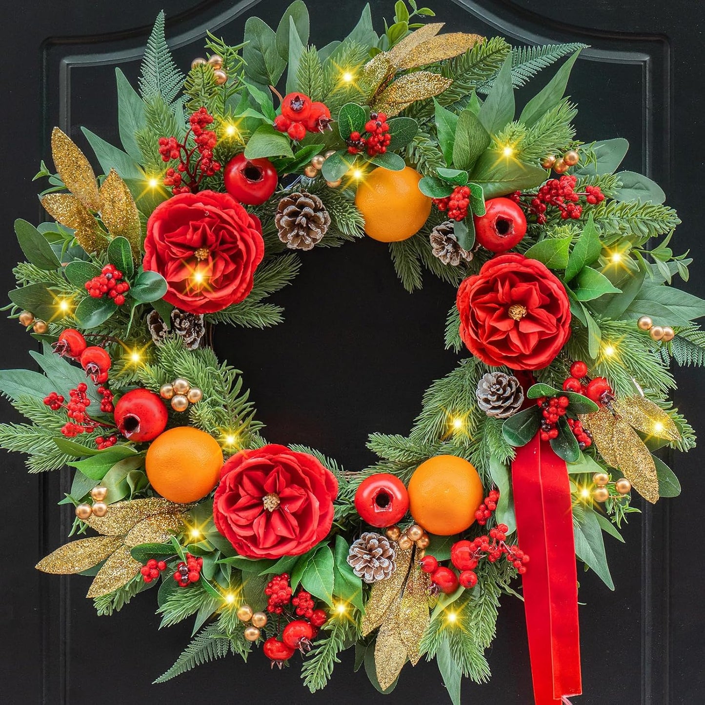 Pre-lit Christmas Wreaths for Front Door - 24 Inch Green Decor