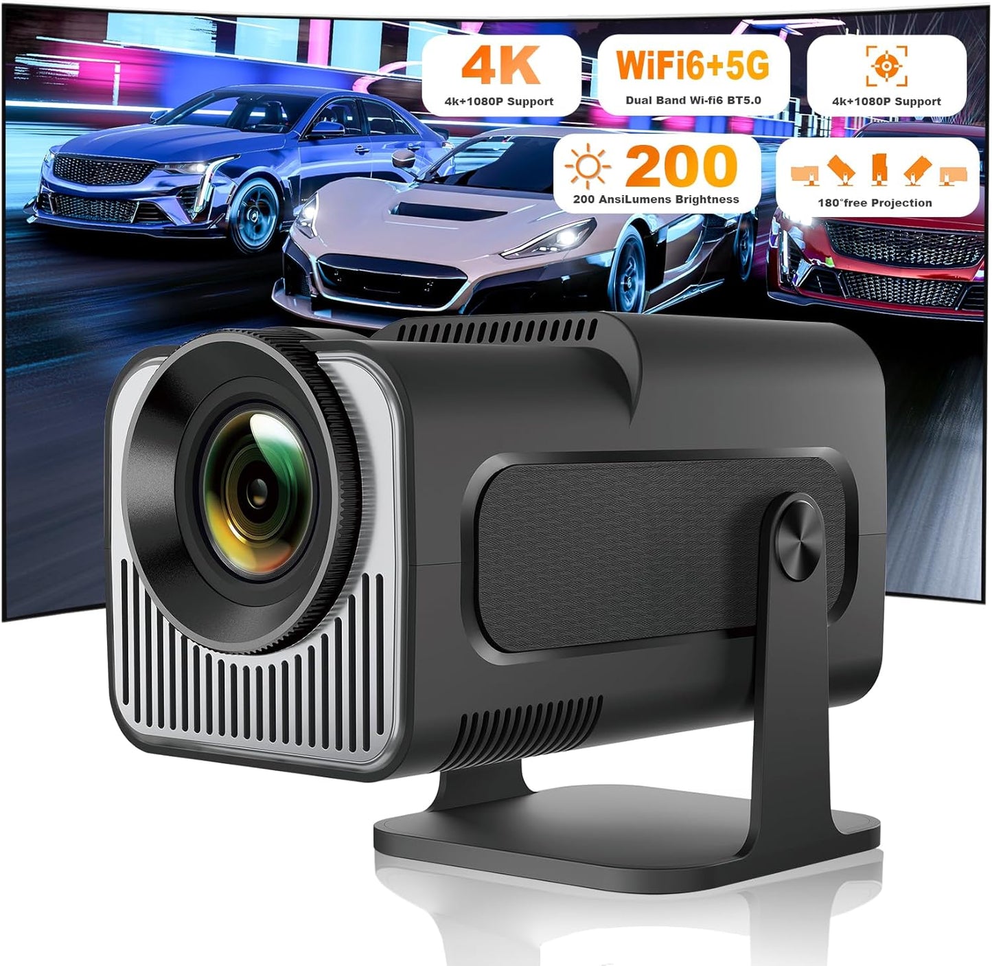 Ear&Ear Portable Projector: 4K 1080P, WIFI6, Bluetooth 5.0, Android 11