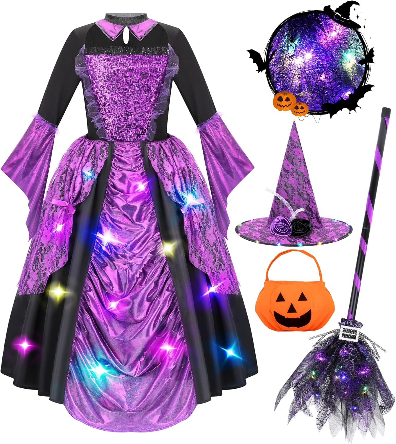 Meland Witch Costume for Girls - Light Up Halloween Fun