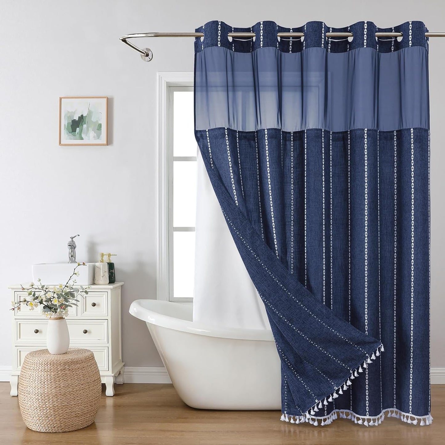 No Hook Long Shower Curtain Set with Snap-in Liner for Luxury