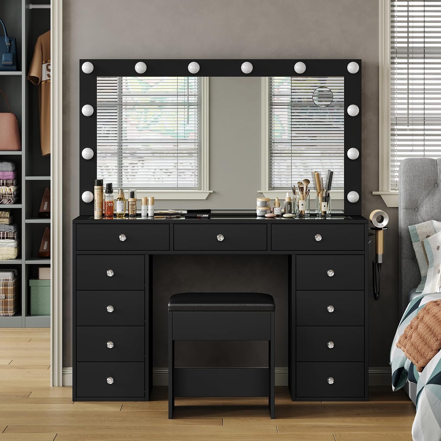 LED Vanity Desk Set w/ Power Outlet & Glass Top - Glam Up Your Space! (Black)