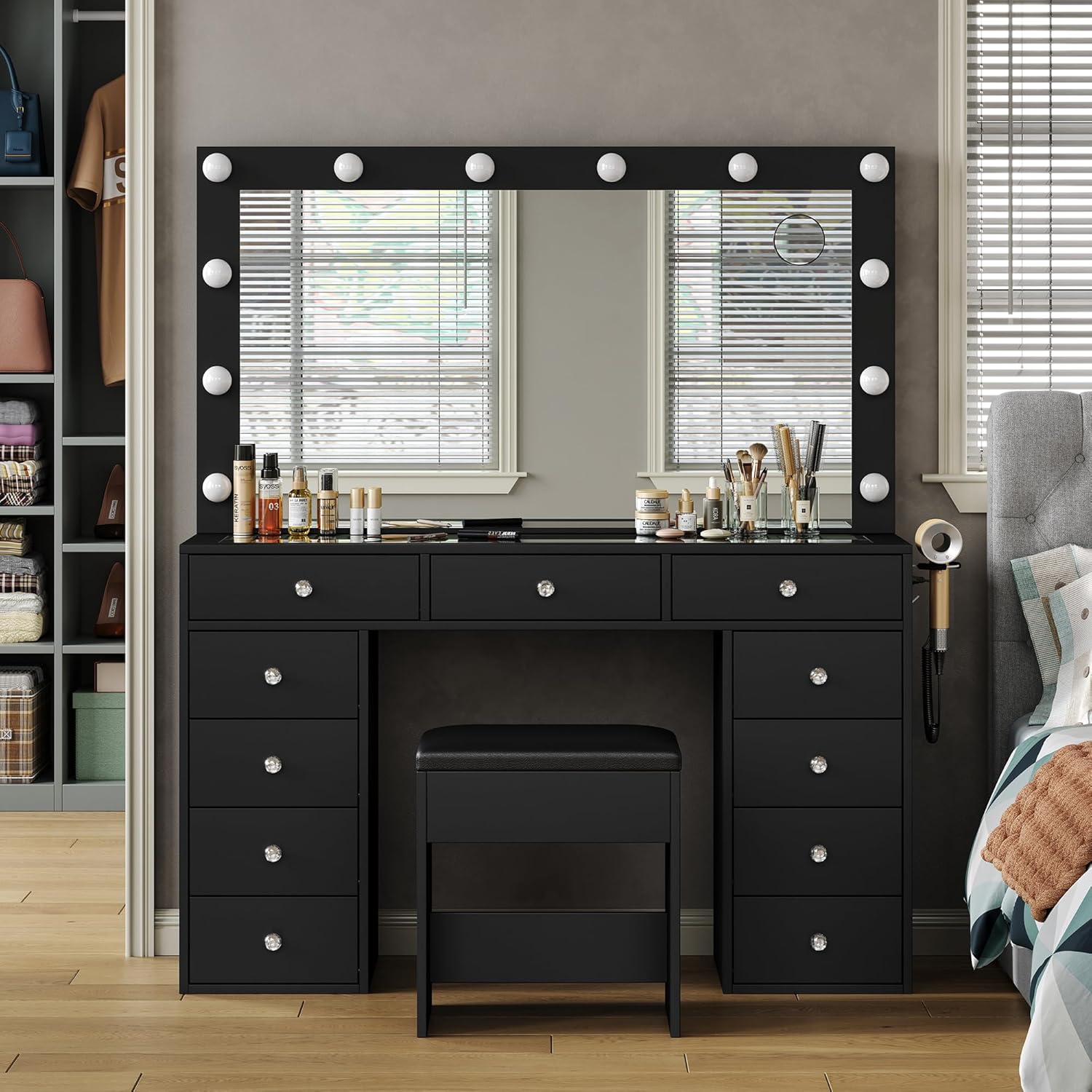 LED Vanity Desk Set w/ Power Outlet & Glass Top - Glam Up Your Space! (Black)