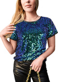 Sparkly Sequin Top Short Sleeve Glitter Concert Party Disco Shirt TOPS