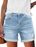FEKOAFE Womens Mid/High Waisted Ripped Denim Shorts - Stretchy Comfort