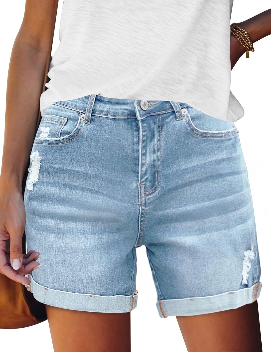 FEKOAFE Womens Casual Mid/High Waisted Denim Shorts for Summer