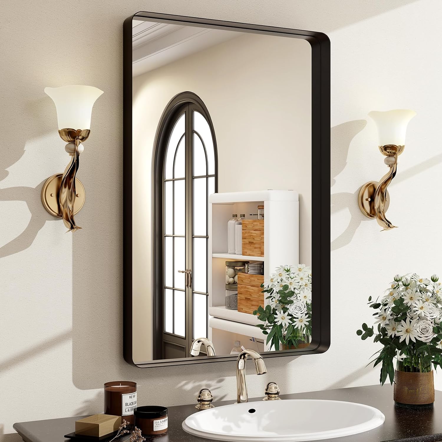 36x24 Inch Black Bathroom Mirror - Modern Rectangle Design