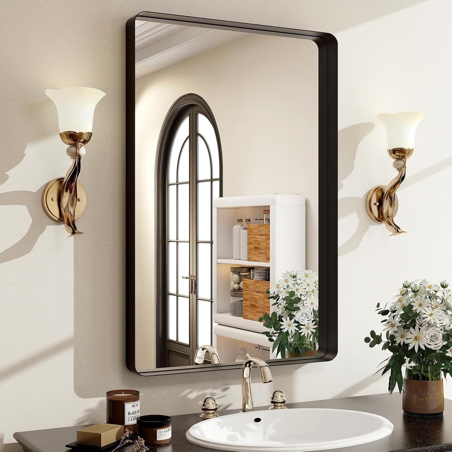 30x22 Black Bathroom Mirror - Modern Rounded Corner Design