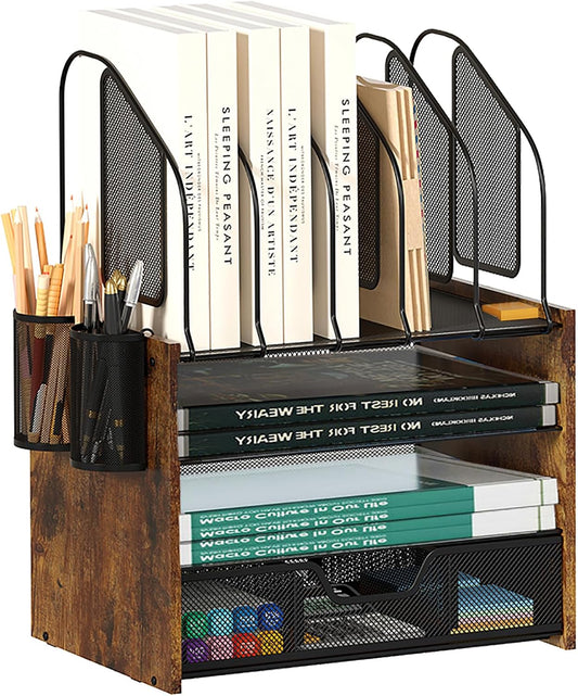 4-Tier Wooden Desk Organizer for Papers, Mail, and Stationery