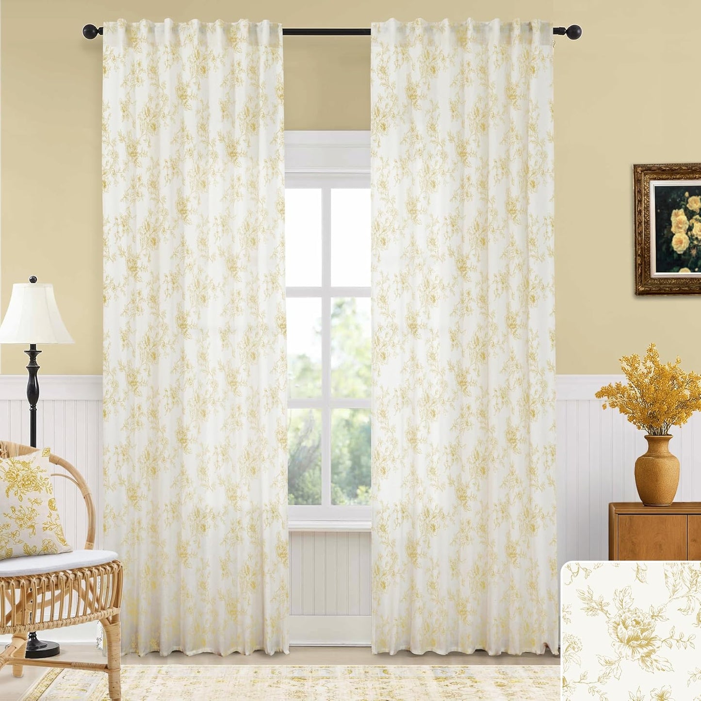 Pale Yellow Curtains for Sunroom with Vintage Floral Elegance