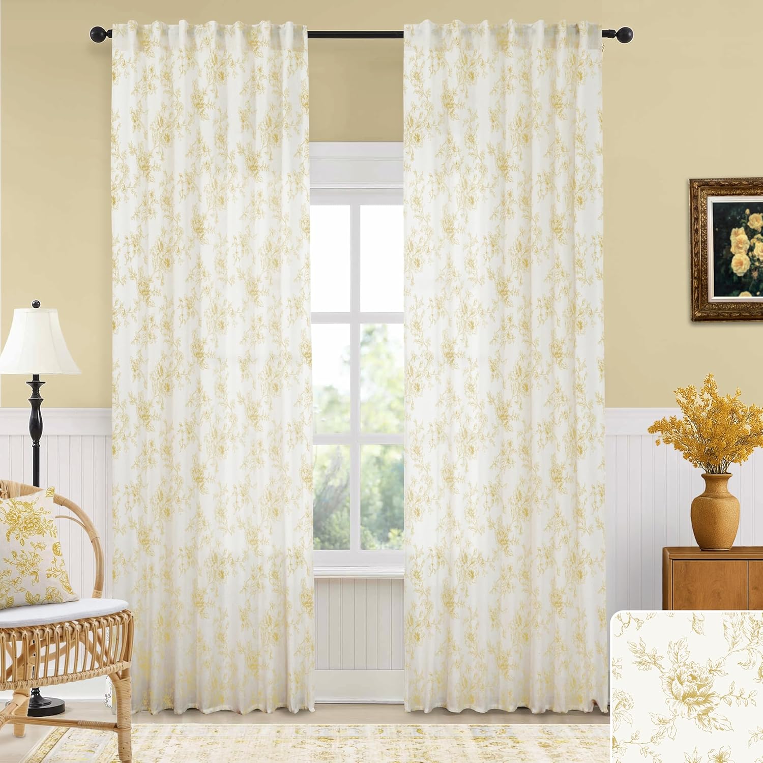 Pale Yellow Curtains for Sunroom with Vintage Floral Elegance