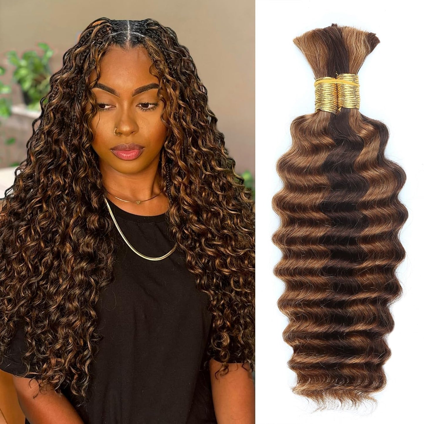 Human Braiding Hair 14 Inch Ombre Highlight Deep Wave Bundles
