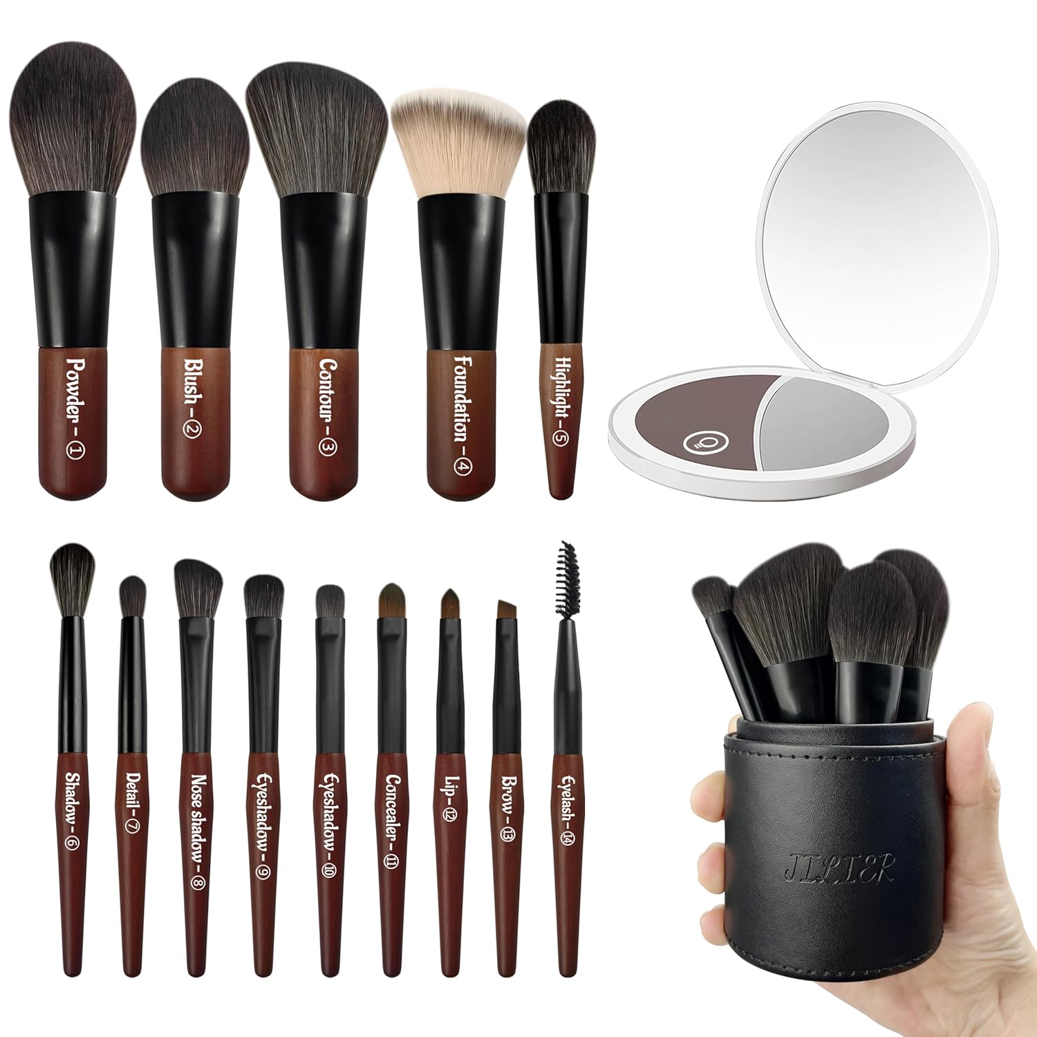 Jilier Mini Makeup Brushes Set with LED Compact Mirror for Travel