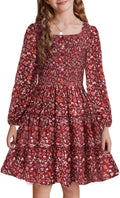 Girls Fall Floral Square Neck Smock Tiered Dress Size 5-14 - Soft
