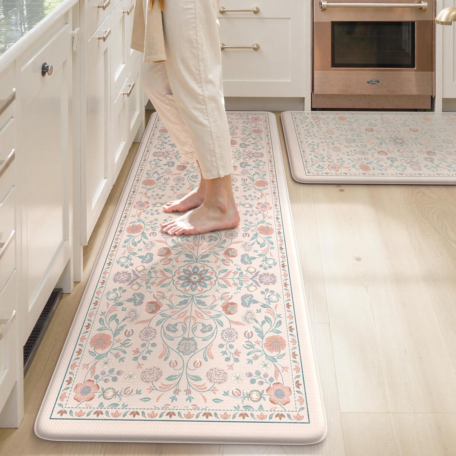 KIMODE Comfort Kitchen Mats Cushioned Anti Fatigue Boho Floral