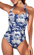 One Piece Tummy Control Swimsuit Halter Scallop Trim - Vintage Ruched