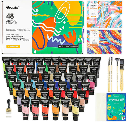 Grabie Acrylic Paint Set: 48 Colors + Everything You Need!