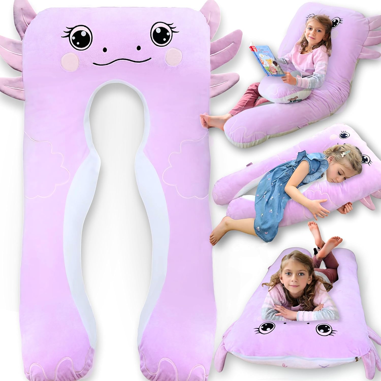 LUNAMIRA Axolotl Kids Body Pillow for Comfort and Cuddles
