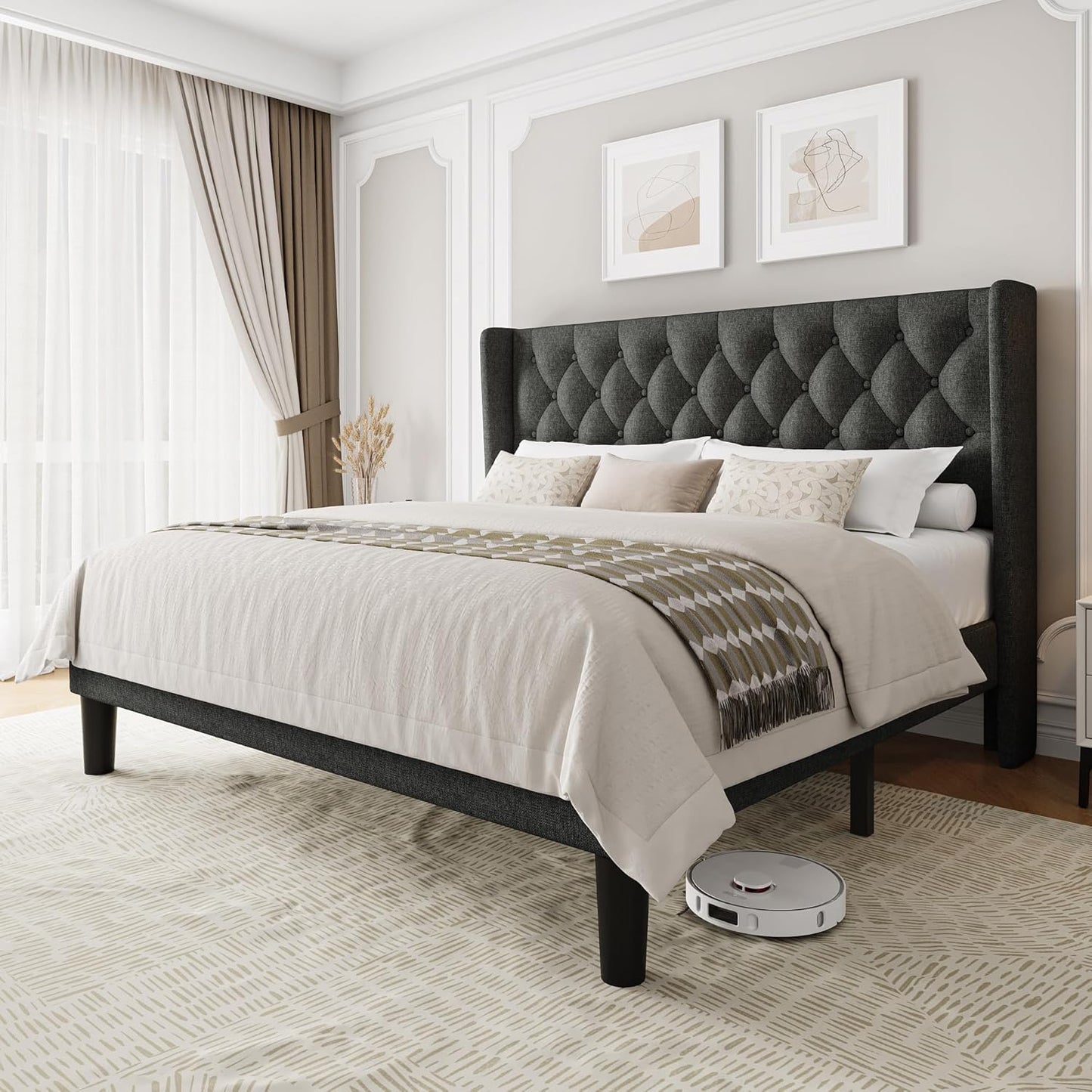 King Size Upholstered Bed Frame with Wingback Headboard Design
