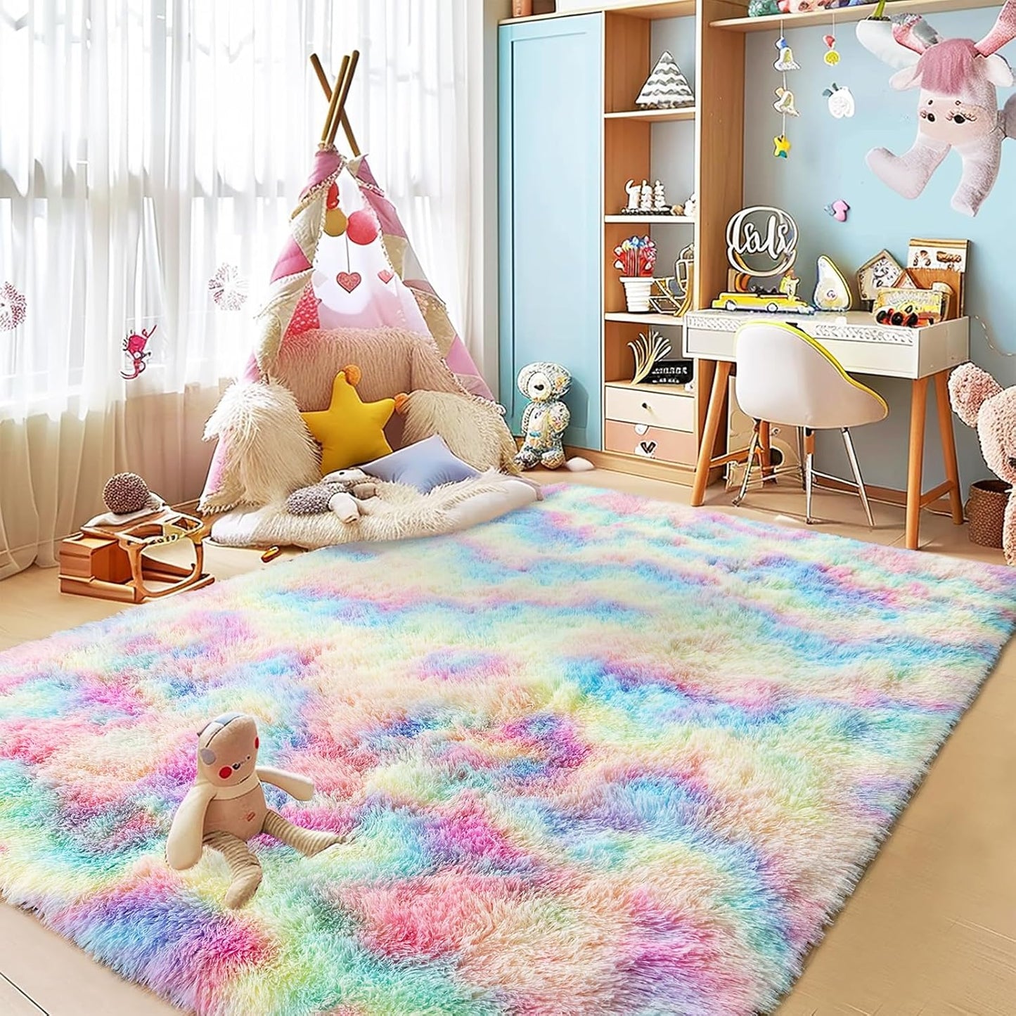 Fluffy Colorful Rainbow Rug 5 x 7 for Bedroom and Living Room