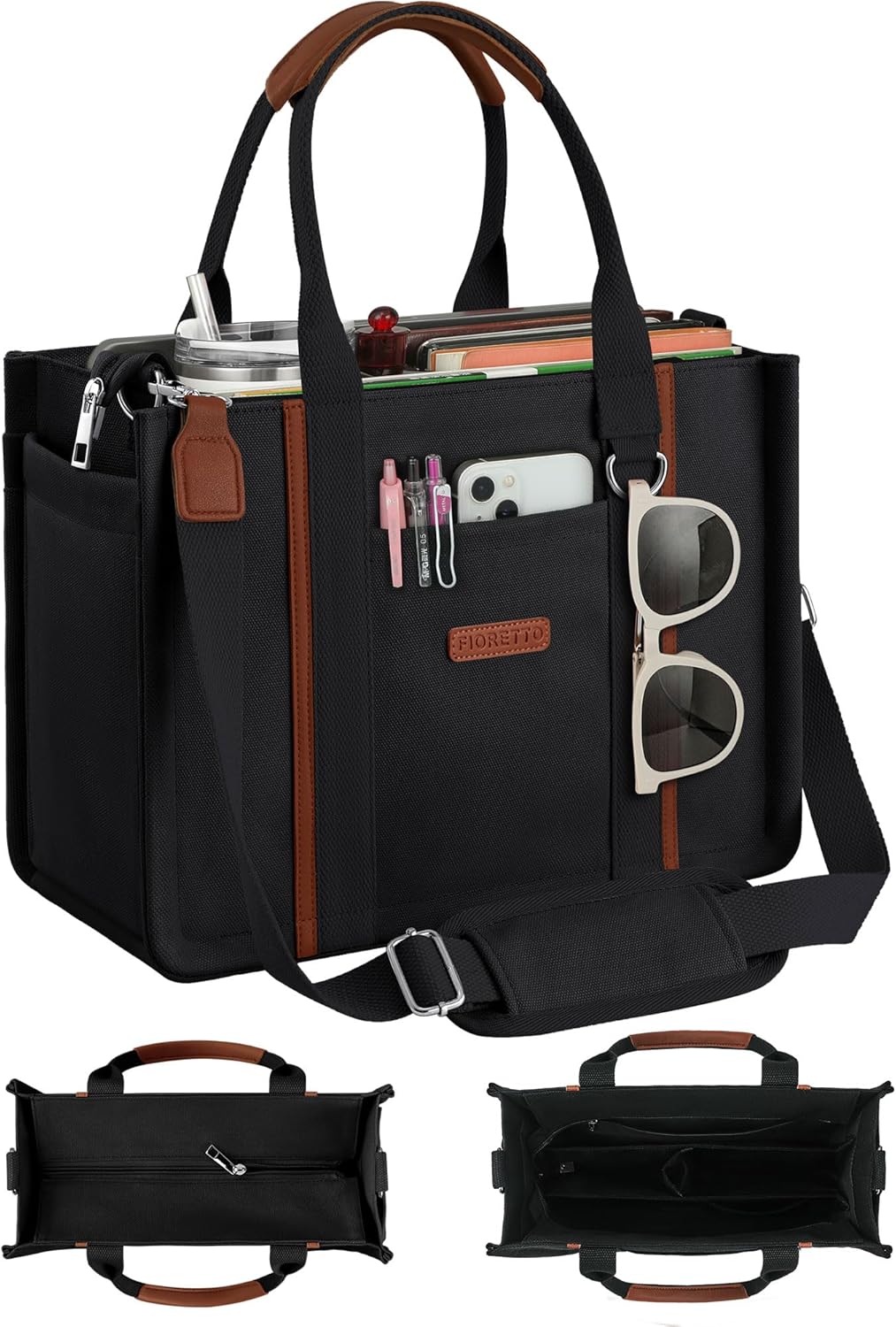 FIORETTO Womens Canvas Tote Bag with Zipper for Work & Travel