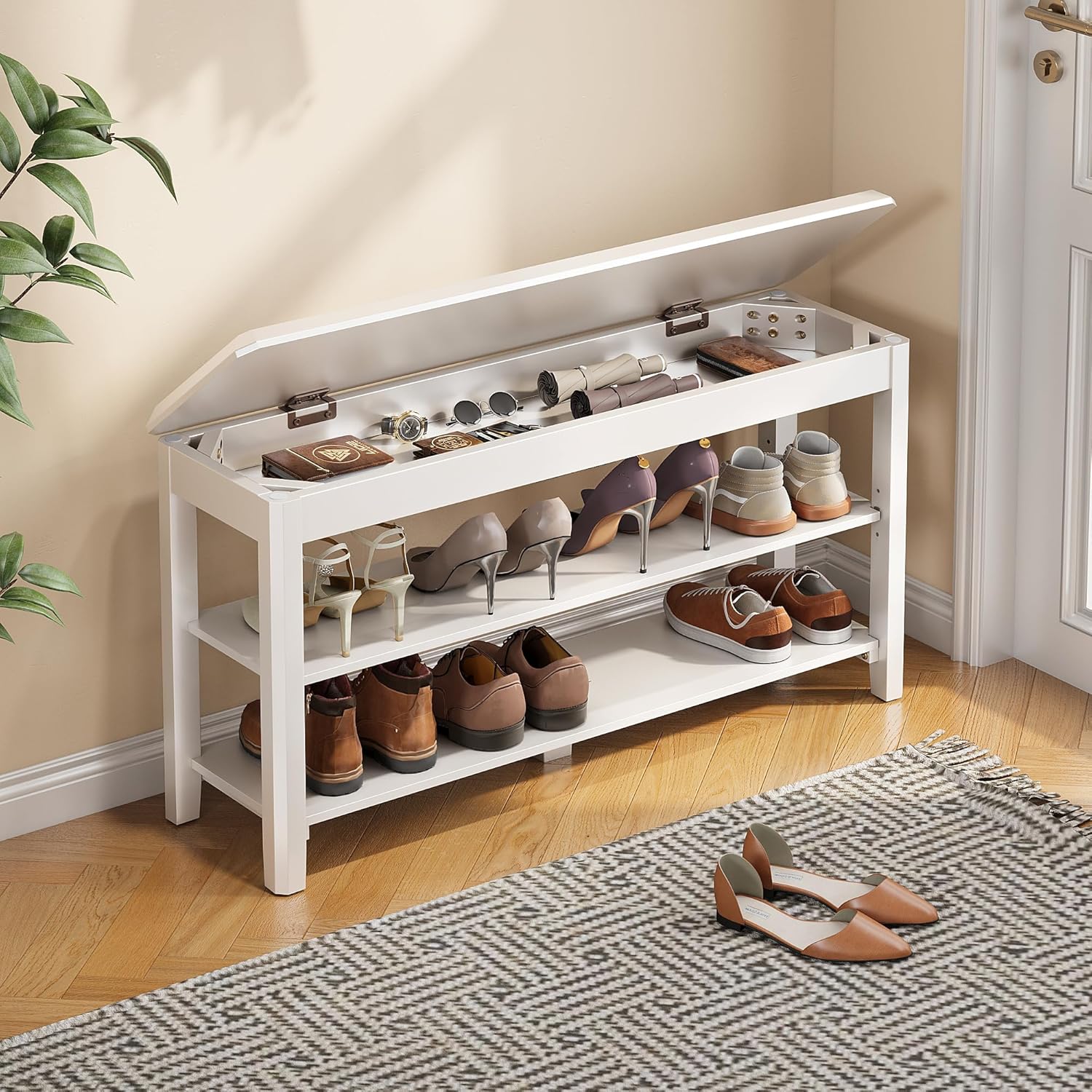 Shoe Rack Bench Seat with Hidden Storage for Entryway Organization