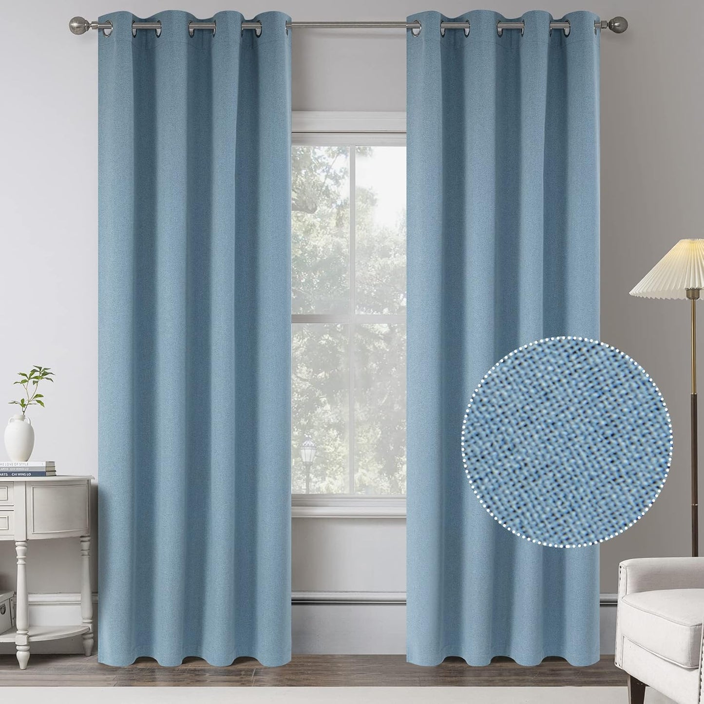 Light Blue Linen 100% Blackout Curtains for Bedroom - 95 in Long
