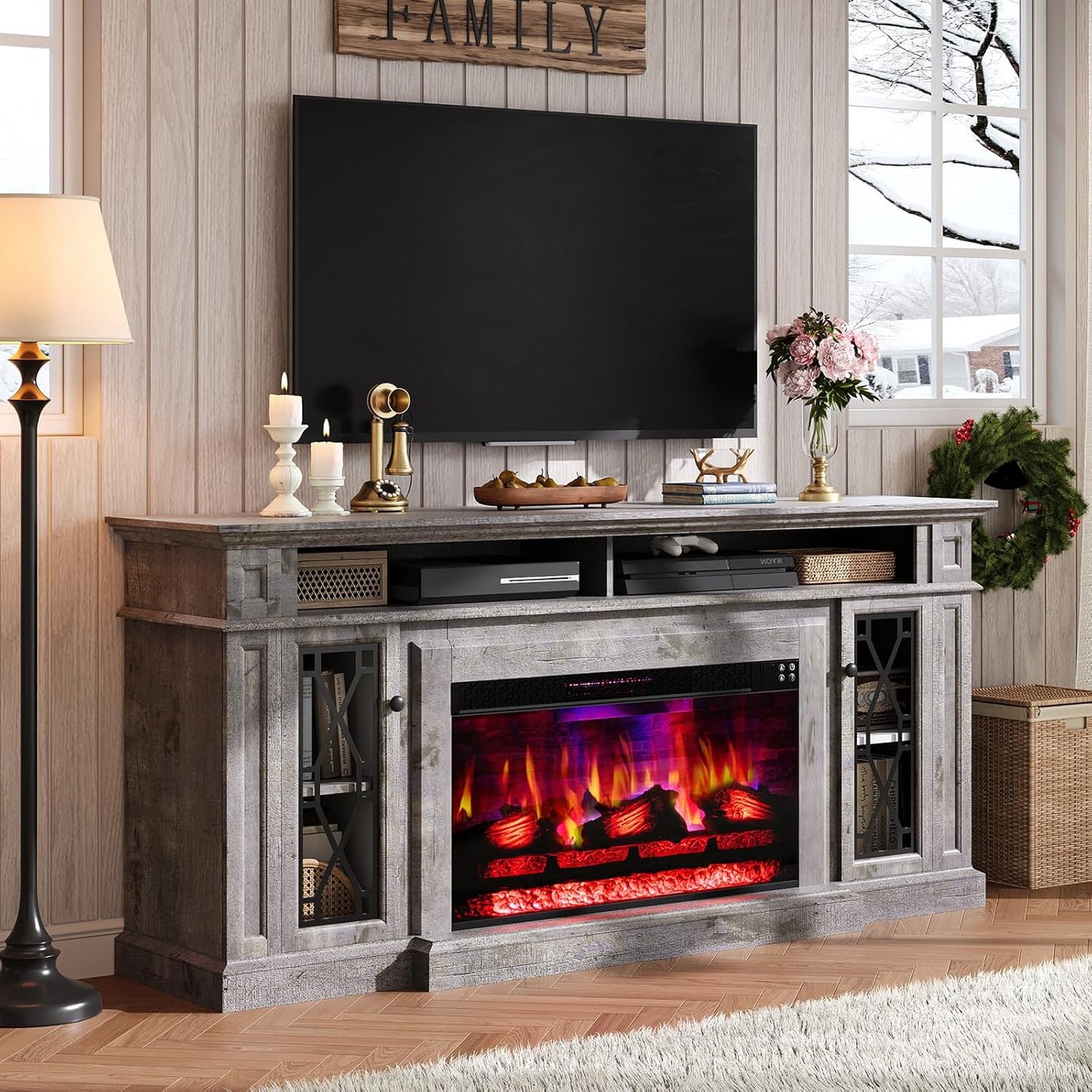 AMERLIFE 70 Fireplace TV Stand: Sleek Storage for Large TVs