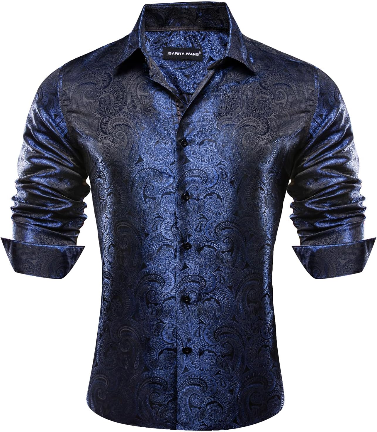 Barry.Wang Men Dress Shirts Paisley 70s Disco Silk Tops