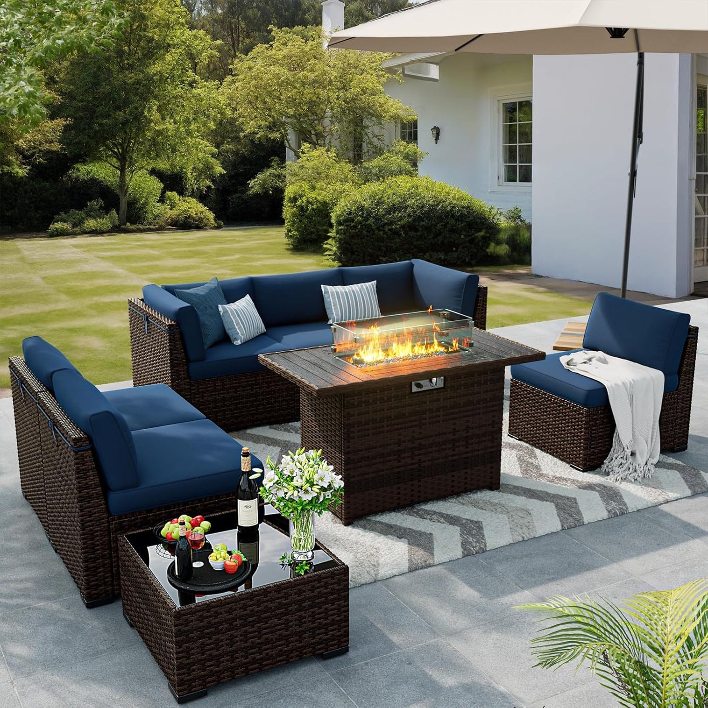 8 Pieces Outdoor Patio Furniture Set with Fire Pit Table