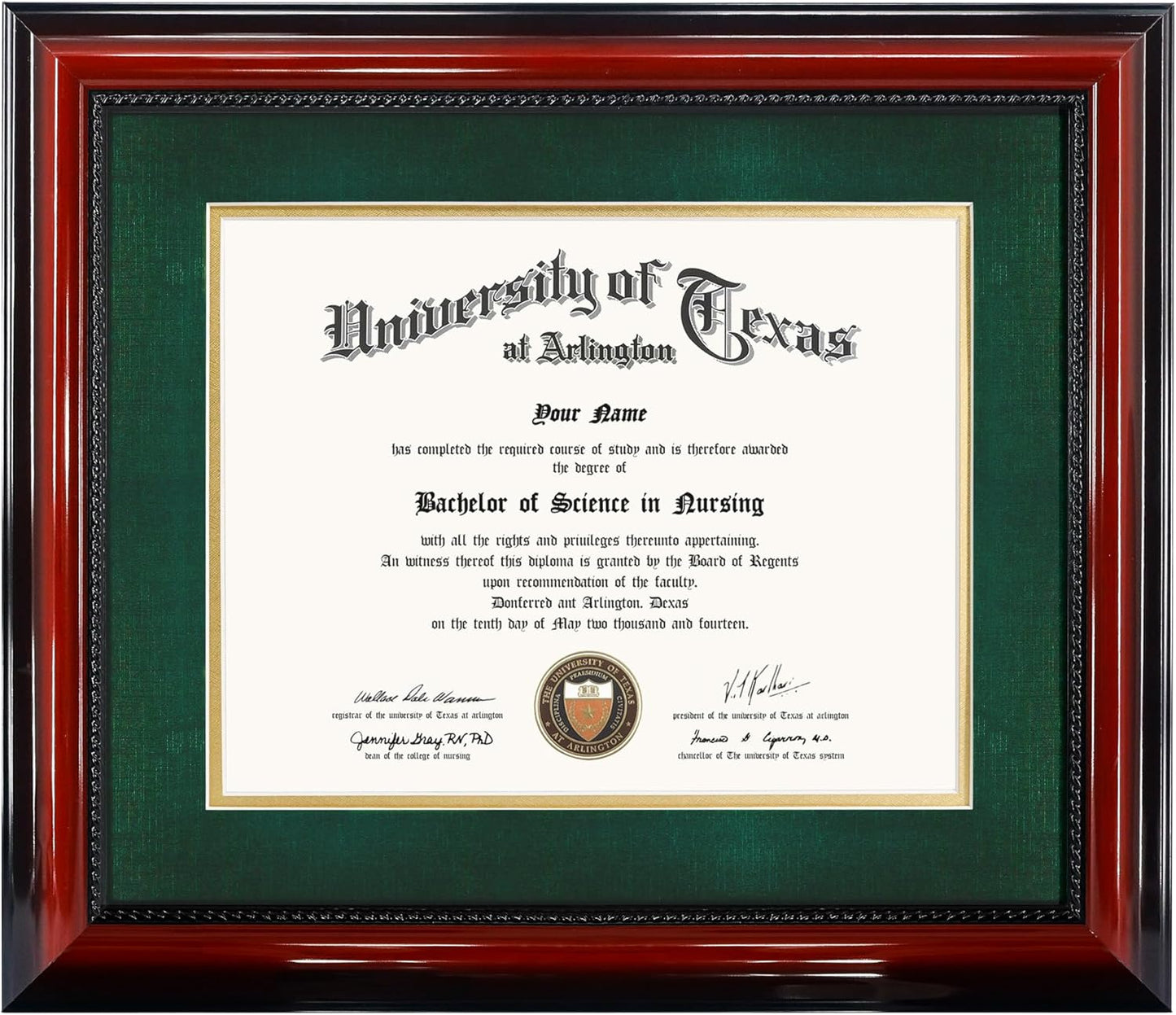11x14 Diploma Degree Frame with Green Mat and Cherry Finish