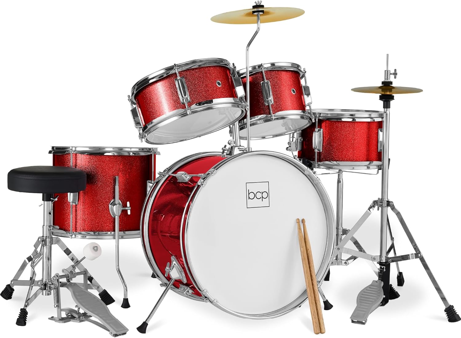 Kids 5-Piece Beginner Drum Set for Young Musicians - Red Sparkle