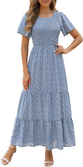 Kranda Women 2025 Crewneck Smocked Floral Maxi Dress (Style X9HC)