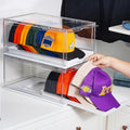Hat Organizer Box 2 Pack - Clear Stackable Hat Storage with Sliding