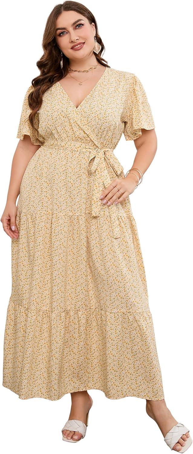 Plus Size V Neck Wrap Maxi Dress for Women by KOJOOIN