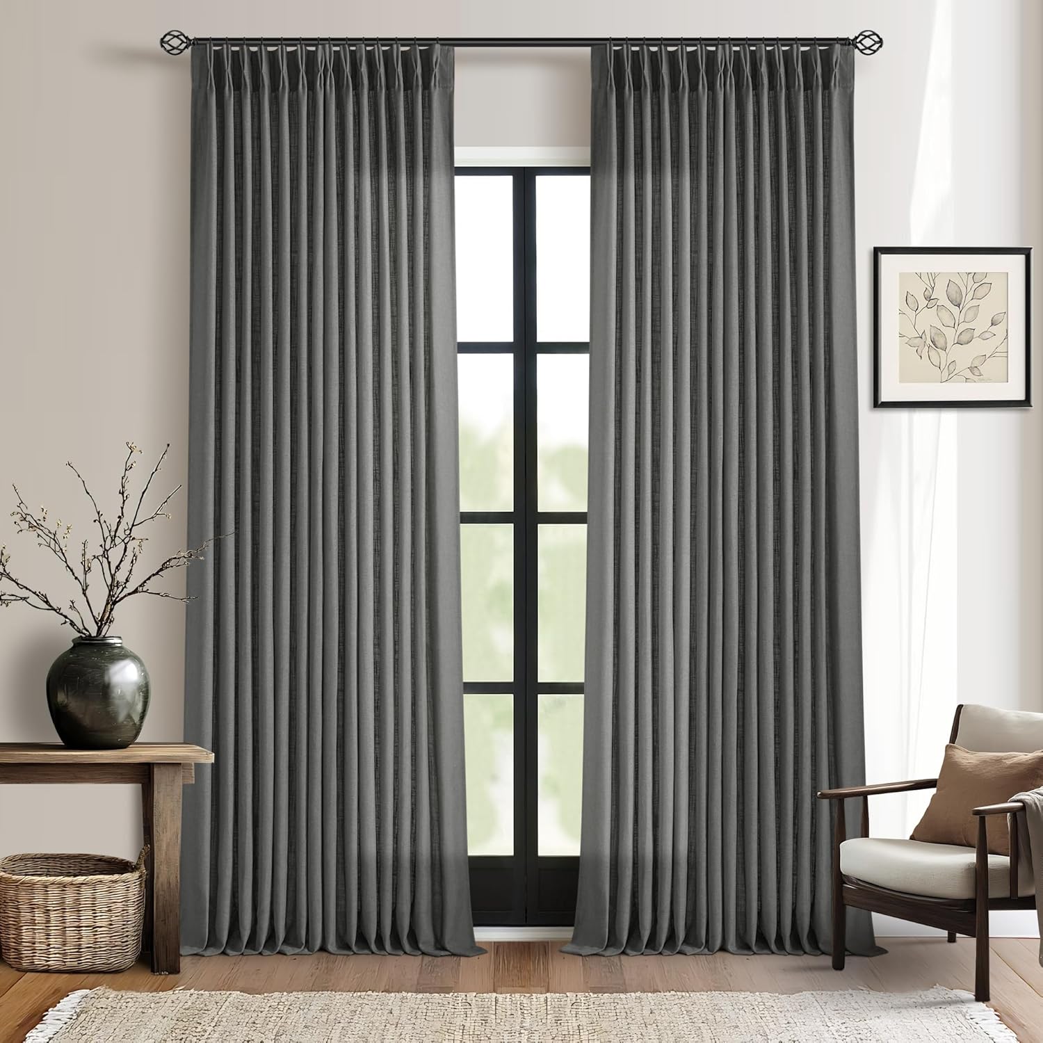 Dark Gray Linen Pinch Pleated Curtains for Modern Farmhouse Style