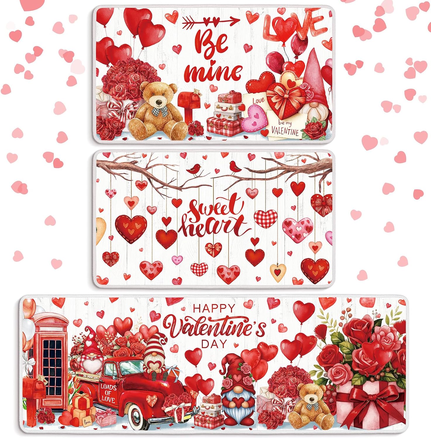 Valentines Day Kitchen Rugs Set of 3 with Love Heart Design