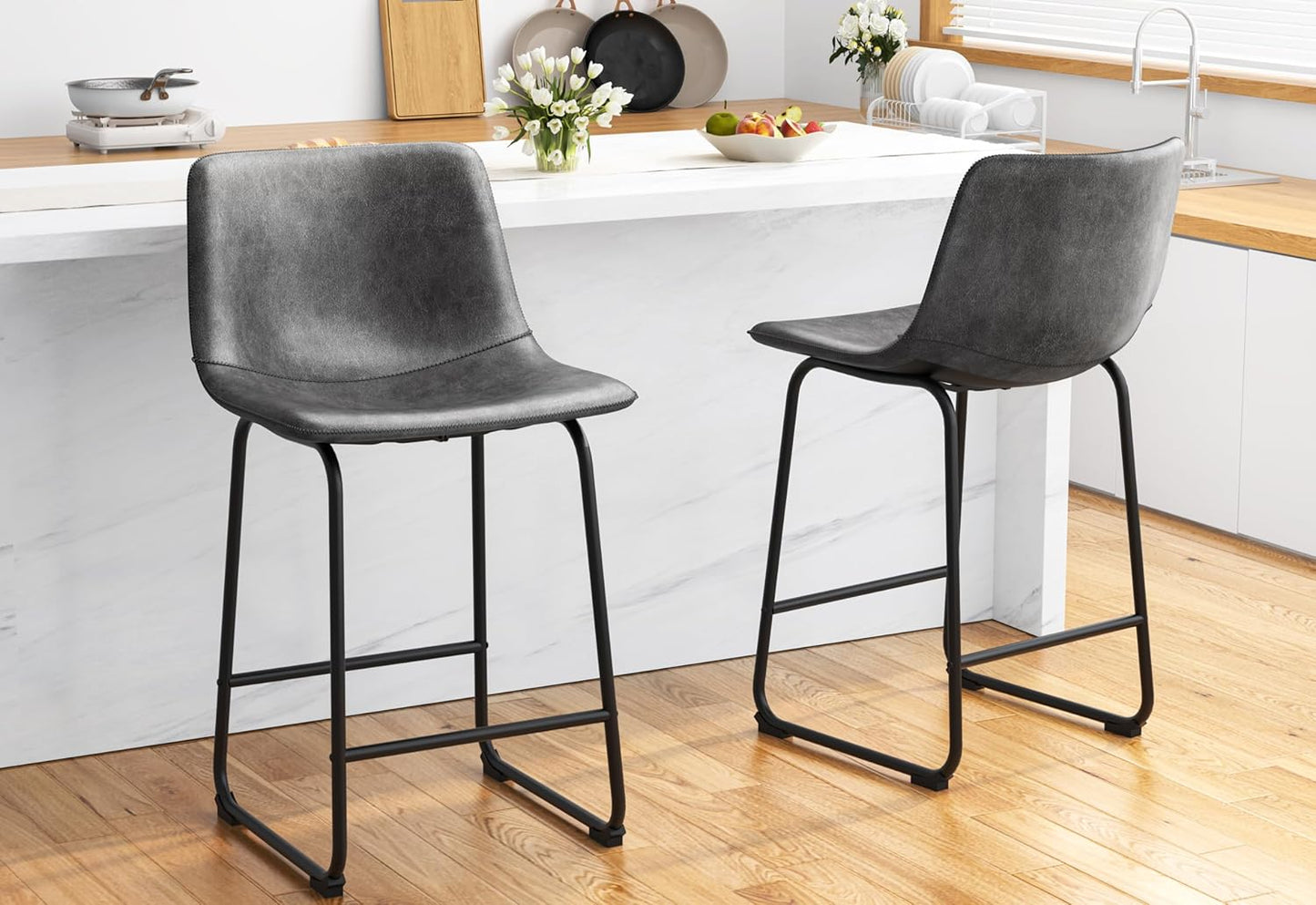 Modern PU Leather Bar Stools Set of 2 for Kitchen Island