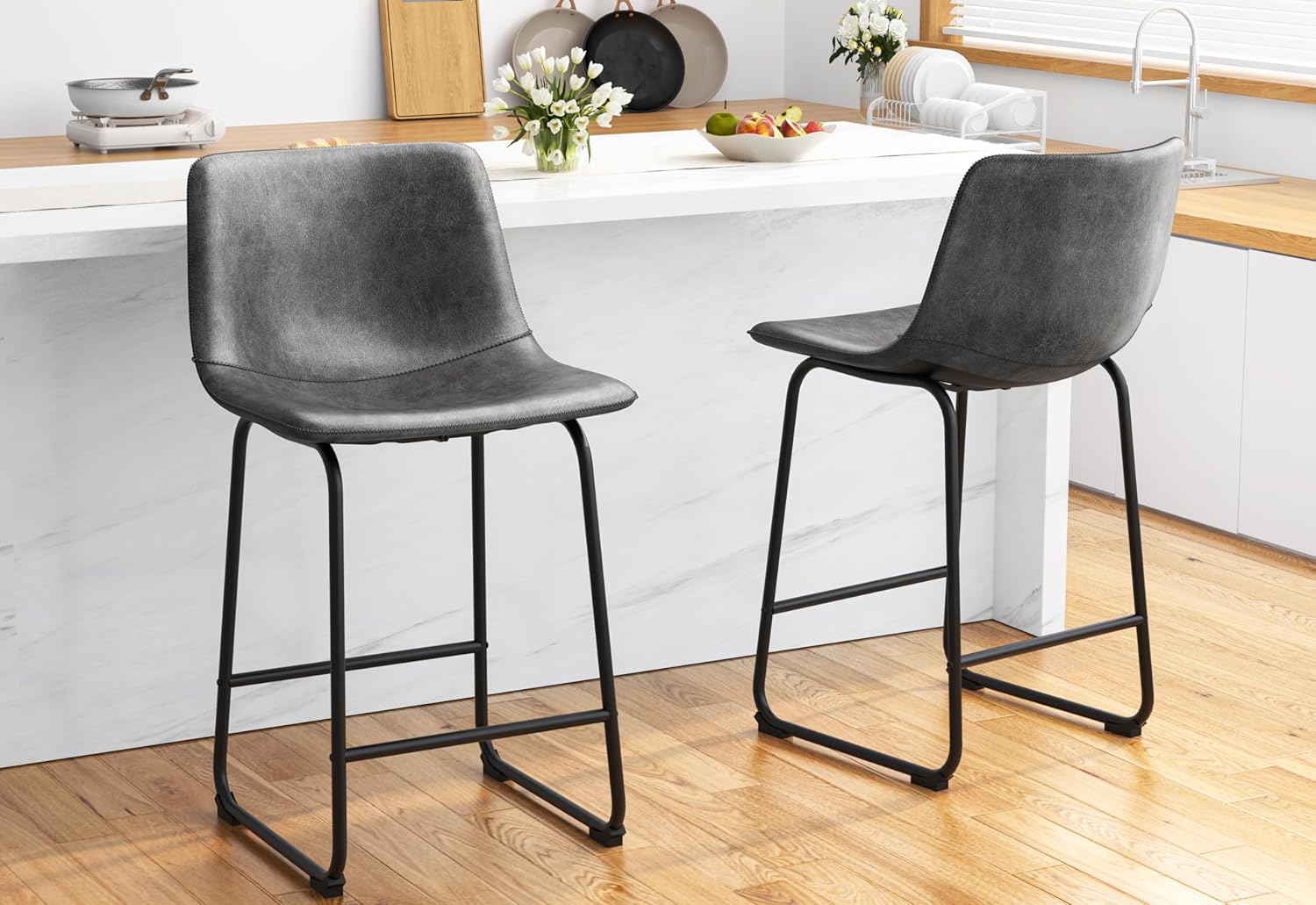 Modern PU Leather Bar Stools Set of 2 for Kitchen Island