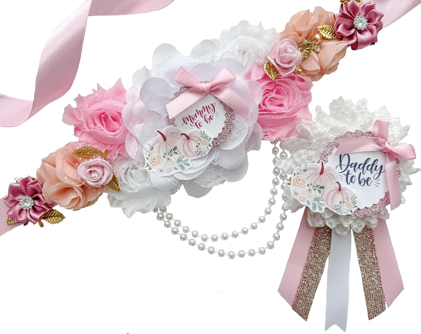 Pink Pumpkin Baby Shower Sash for Mom to Be with Dad Pin