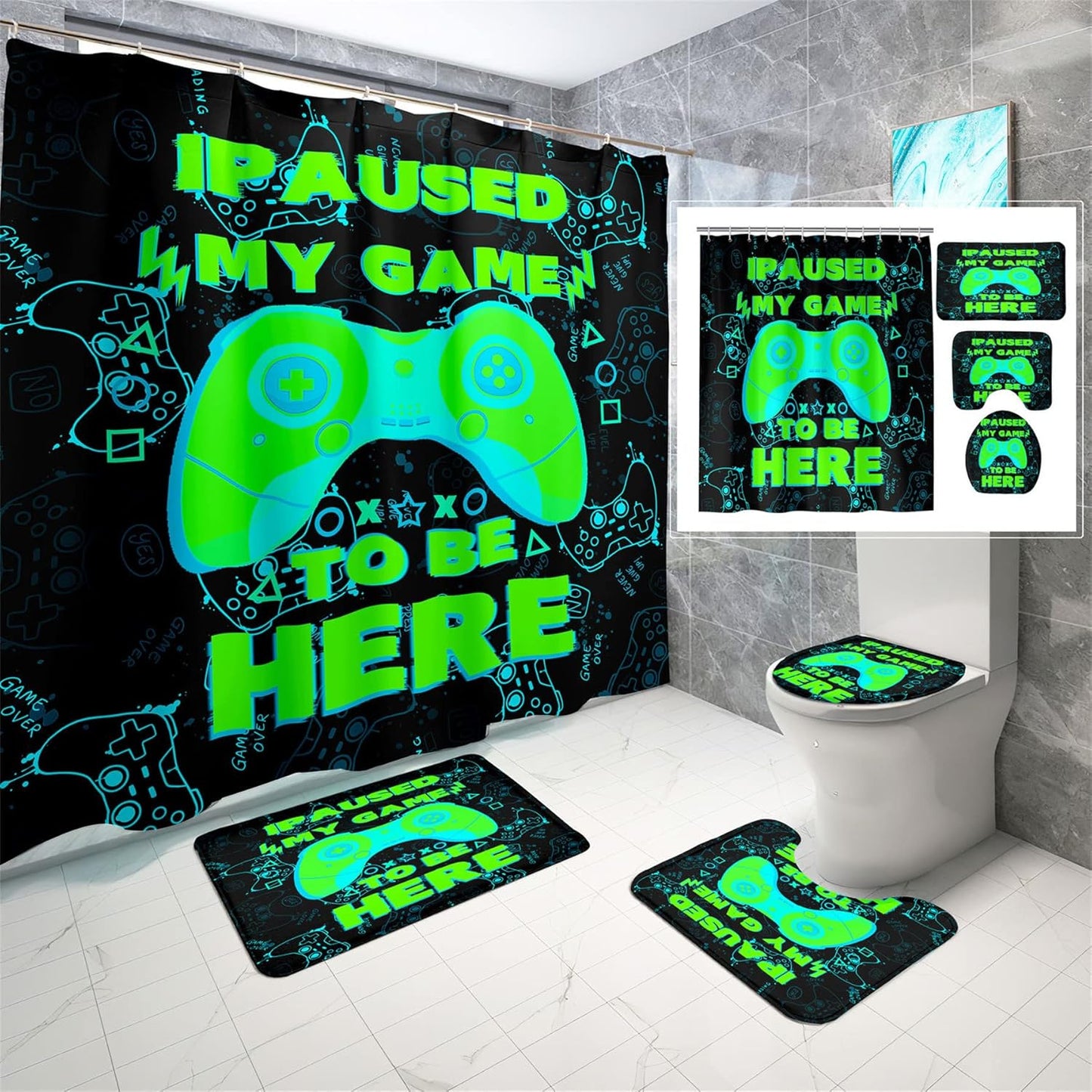 Game On! 4Pc Green Gamer Bathroom Set - Includes Shower Curtain, Rugs, & Hooks