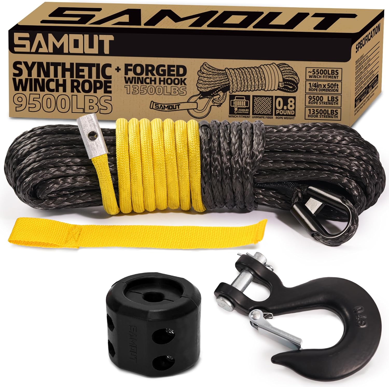Synthetic Winch Rope Kit 1/4in x 50ft with Forged Hook and Strap