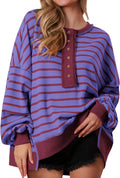 Striped Oversized Henley Sweatshirt Women - Cozy Waffle Tunic